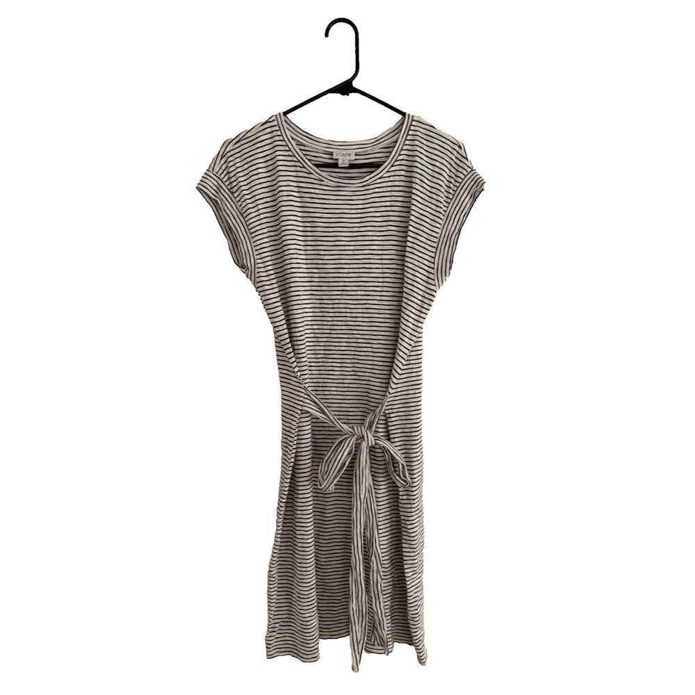 J.CREW Striped Tie Front Midi Dress Size M Black White 100% Cotton Short Sleeves